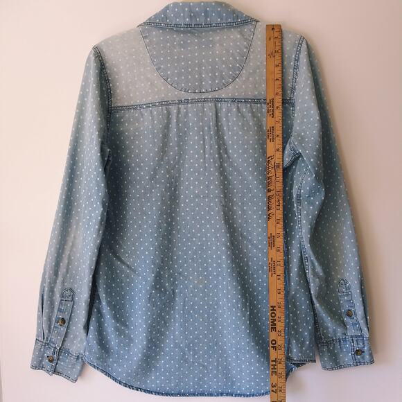 Vans M Chambray Denim Top Button Up White Polka Dot Long Sleeve Fading Worn In - Picture 8 of 11